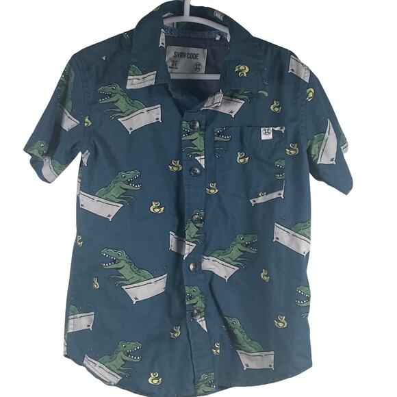 Sovereign Code Button Up Shirt Boys Size 3T Blue T-Rex Rubber Duck Short Sleeve - Picture 1 of 4